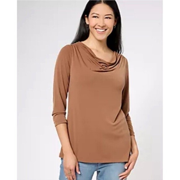 Susan Graver Brown Modern Essentials Liquid Knit Cowl Neck Top QVC Size XS - Picture 1 of 7